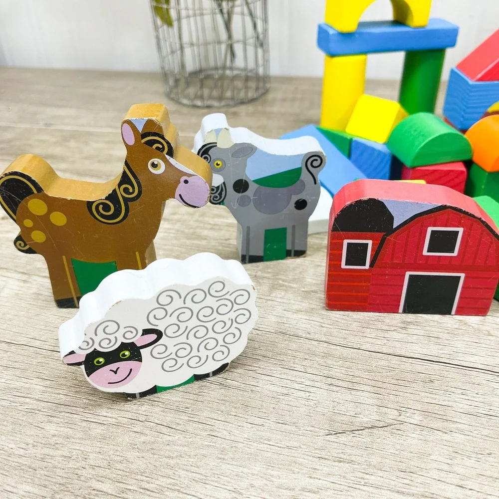 Wooden Building Blocks Farm Set Barn Animals Horse Sheep Goat 80+ Pieces Kids